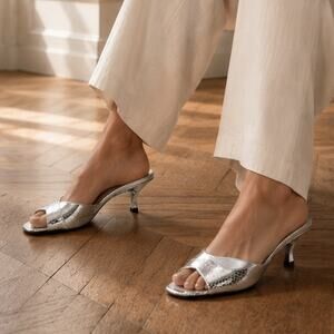 Calvin Klein Silver Glitter Kitten Heel Slide Sandals 5M NIB Glam Party Y2K